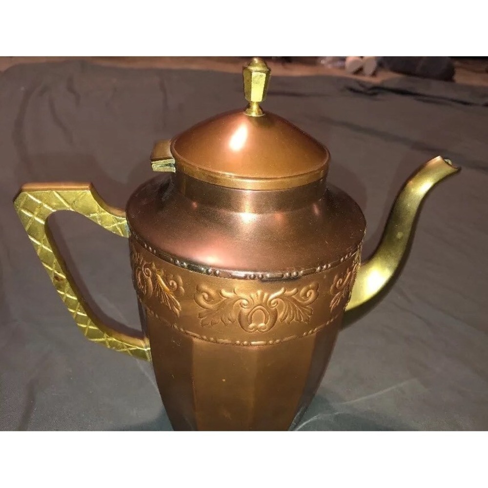 Antique GUST ERIKSSONE‎ ESKILSTUNA Sweden Copper Brass Lid Tea Coffee Pot 8.5" - Picture 2 of 6